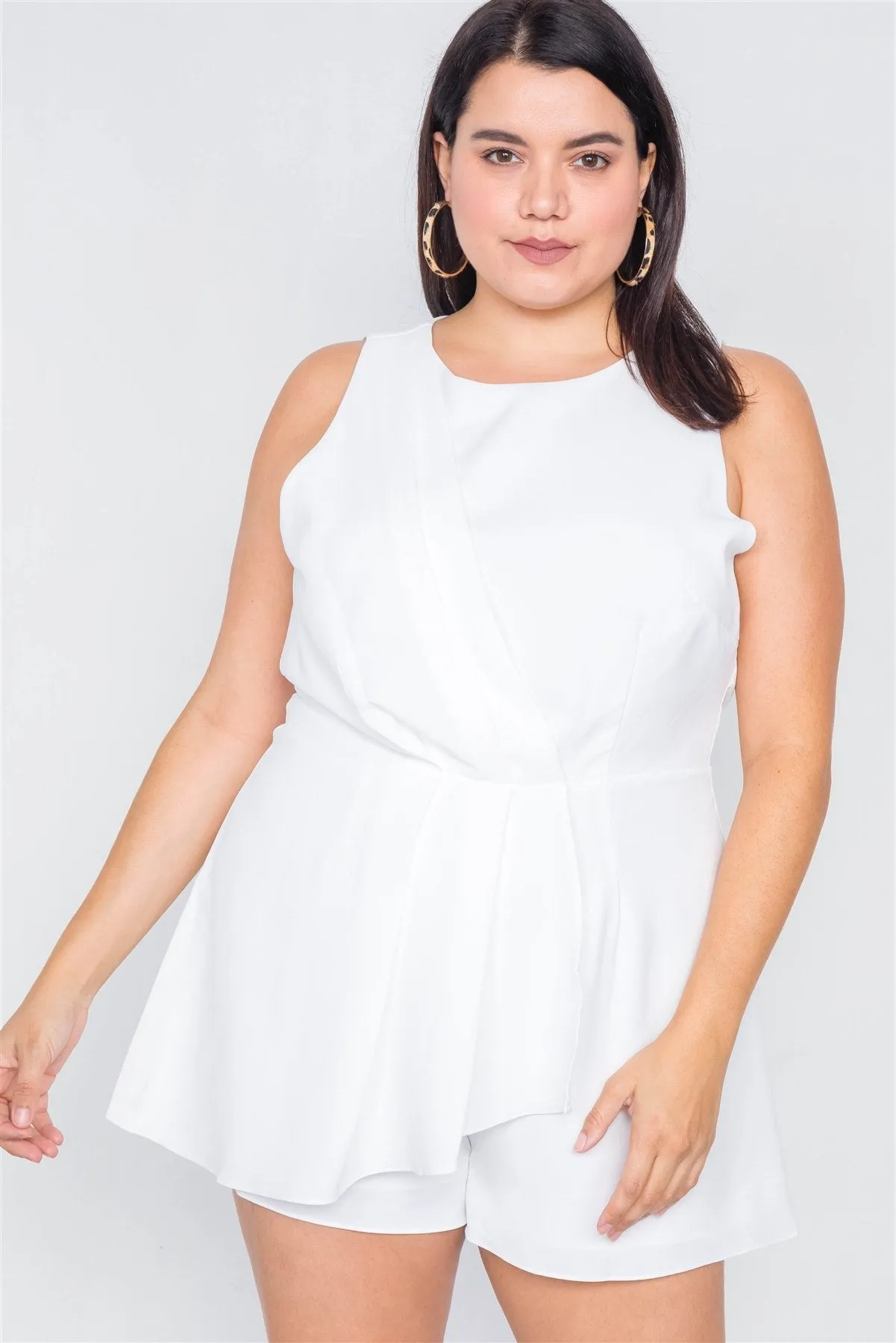 Plus Size White Pleated Semi-sheer Short Romper