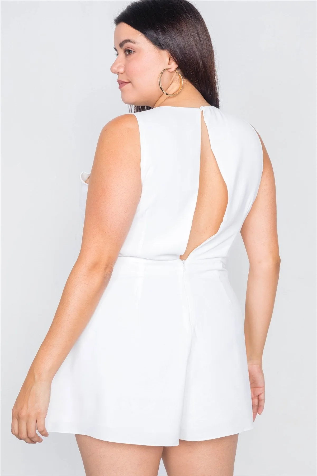 Plus Size White Pleated Semi-sheer Short Romper