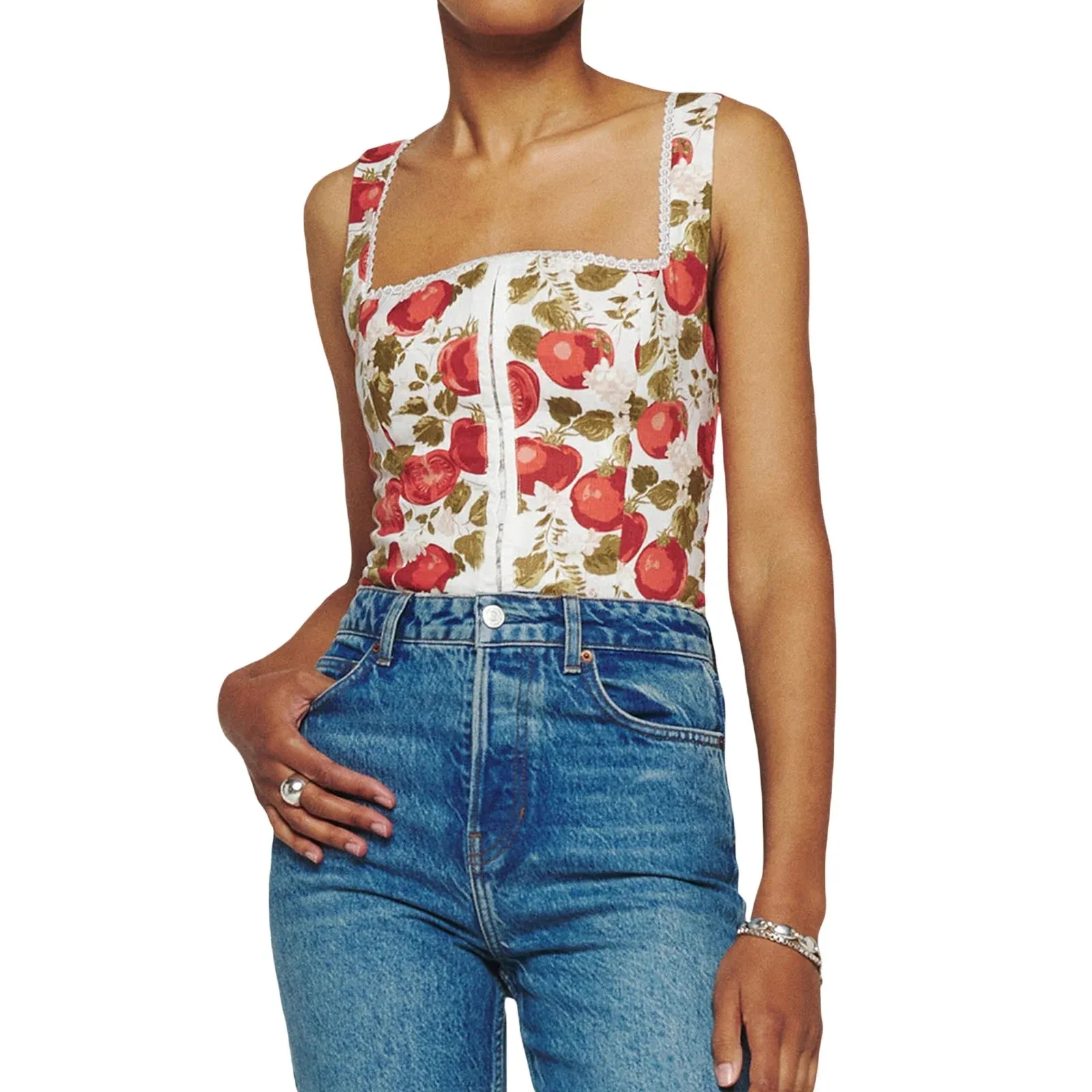 Print Square Neck Lace Trim Smocked Going Out Crop Floral Top