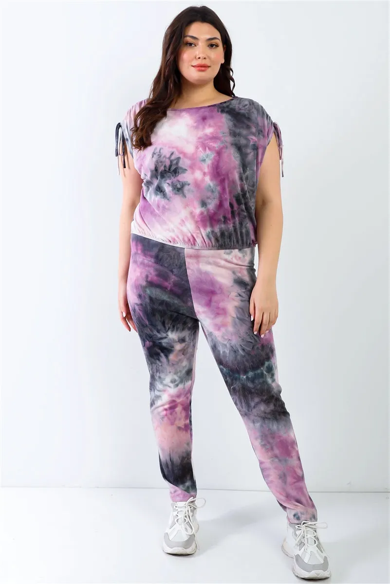 Purple & Black Tie-dye Ruched Top & Pants Set Voluptuous ( ) Plus Size - Ships from The US