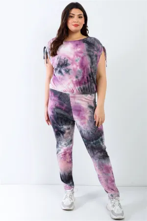 Purple & Black Tie-dye Ruched Top & Pants Set Voluptuous ( ) Plus Size - Ships from The US