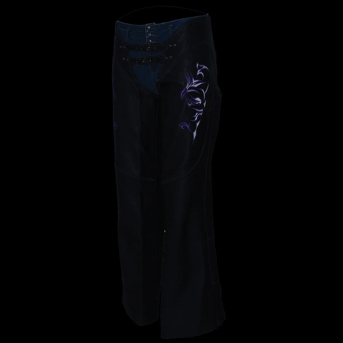 Purple Leather Chaps for Women Black and Purple Low-Rise Waist- Double Buckle Reflective Embroidery Motorcycle Chap- ML1187