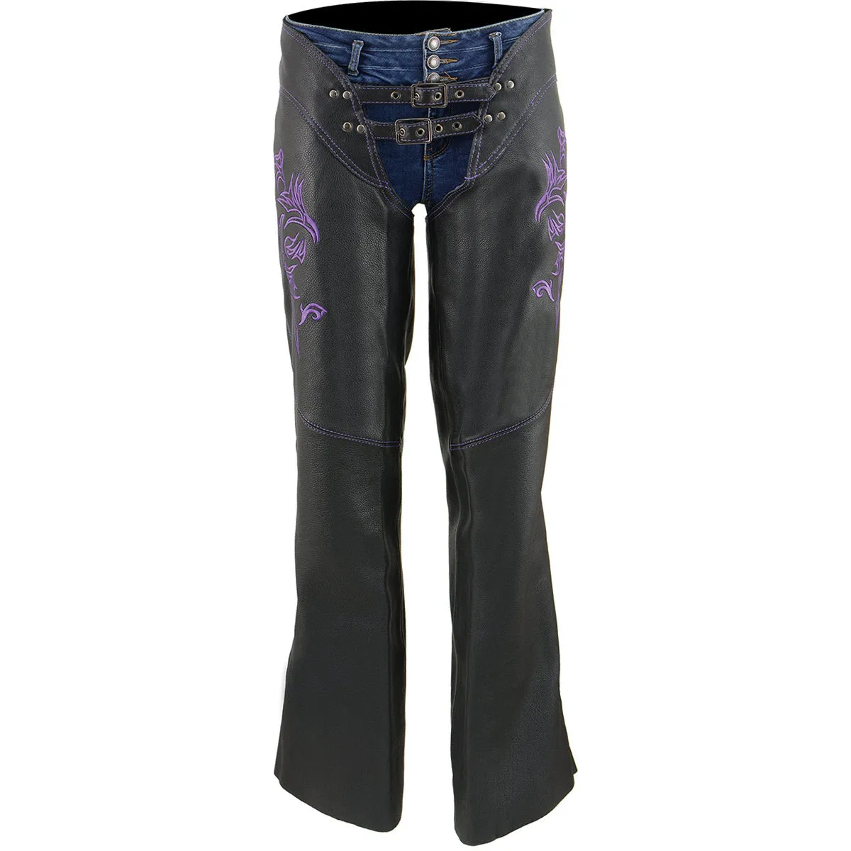 Purple Leather Chaps for Women Black and Purple Low-Rise Waist- Double Buckle Reflective Embroidery Motorcycle Chap- ML1187