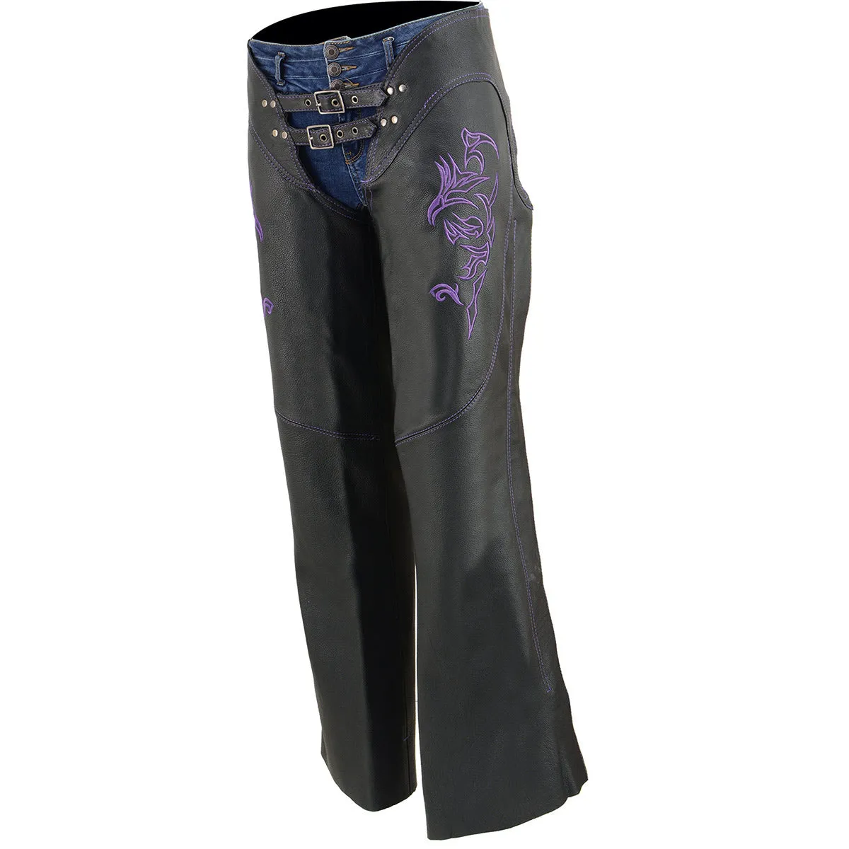 Purple Leather Chaps for Women Black and Purple Low-Rise Waist- Double Buckle Reflective Embroidery Motorcycle Chap- ML1187