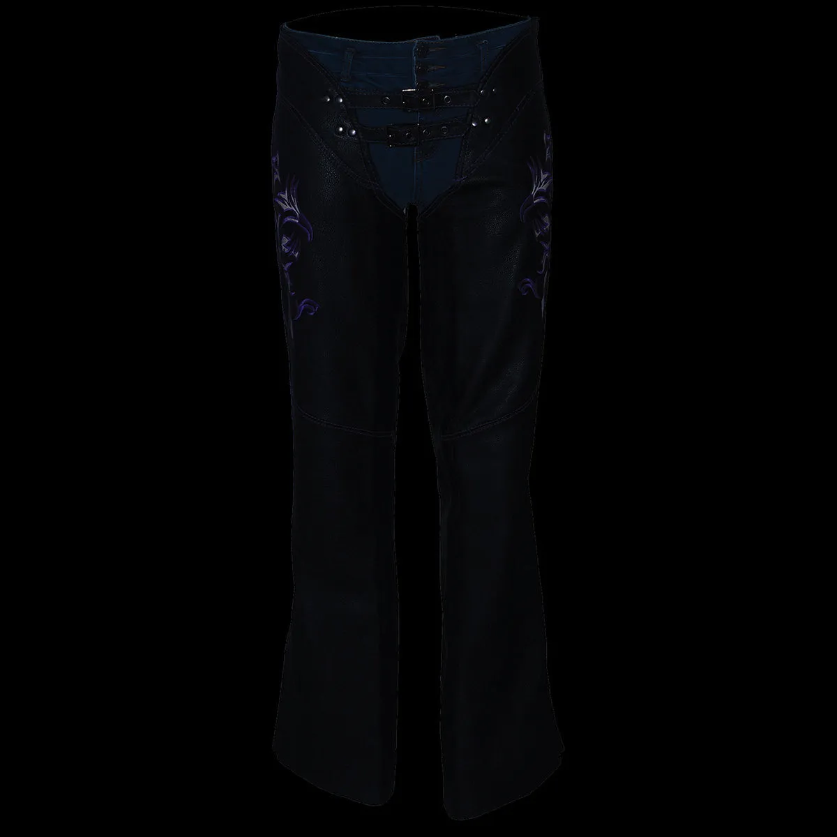 Purple Leather Chaps for Women Black and Purple Low-Rise Waist- Double Buckle Reflective Embroidery Motorcycle Chap- ML1187