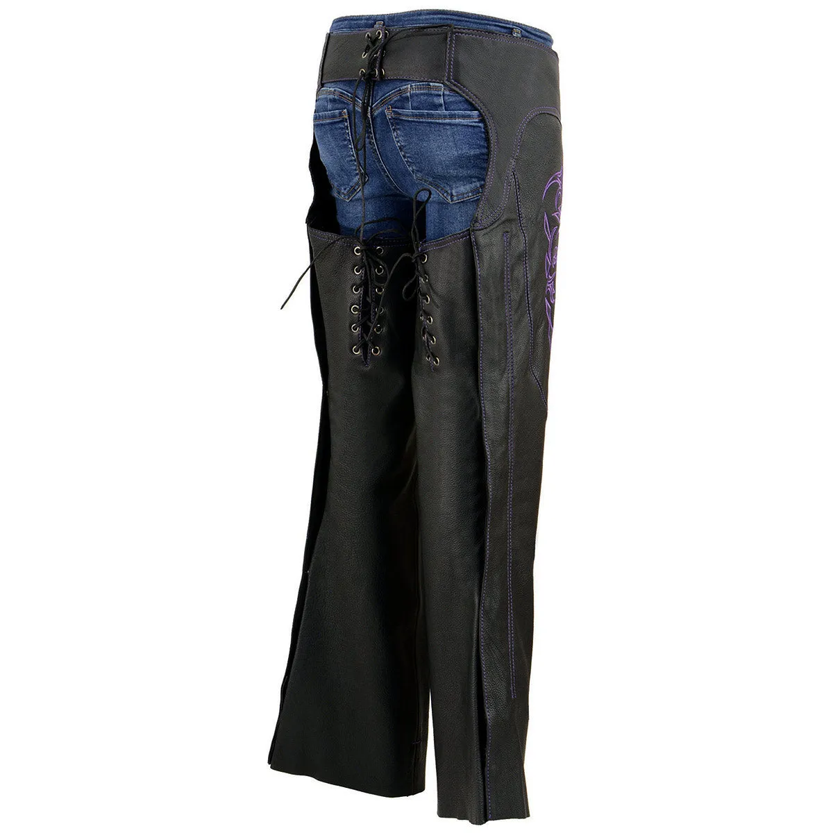 Purple Leather Chaps for Women Black and Purple Low-Rise Waist- Double Buckle Reflective Embroidery Motorcycle Chap- ML1187