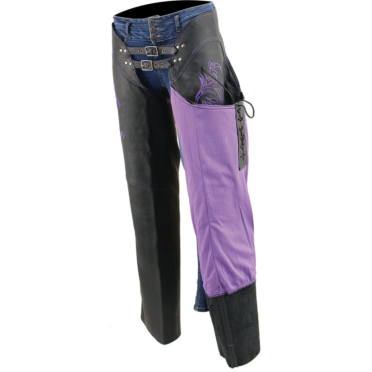 Purple Leather Chaps for Women Black and Purple Low-Rise Waist- Double Buckle Reflective Embroidery Motorcycle Chap- ML1187