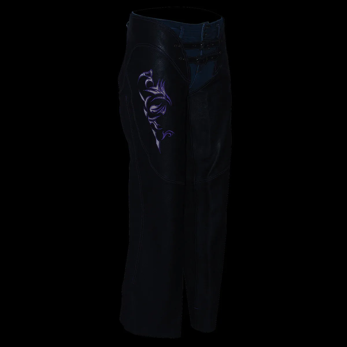 Purple Leather Chaps for Women Black and Purple Low-Rise Waist- Double Buckle Reflective Embroidery Motorcycle Chap- ML1187