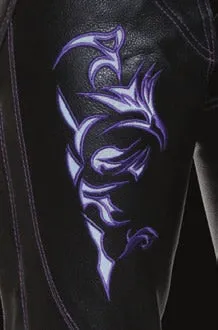 Purple Leather Chaps for Women Black and Purple Low-Rise Waist- Double Buckle Reflective Embroidery Motorcycle Chap- ML1187