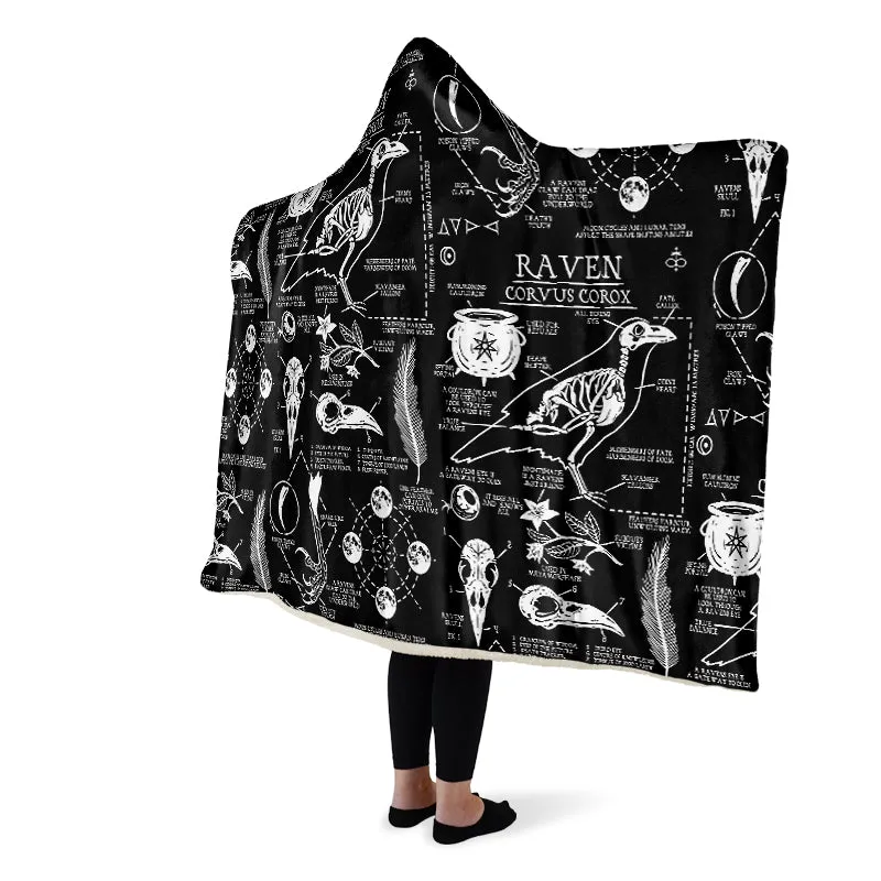 Raven Study Hooded Blanket - Cozy and Warm Wrap-around Blanket with Vegan Fur Lining and Hood