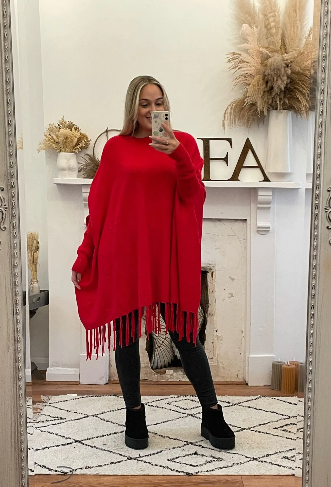 Red Oversized Tassel Edge Luxe Jumper