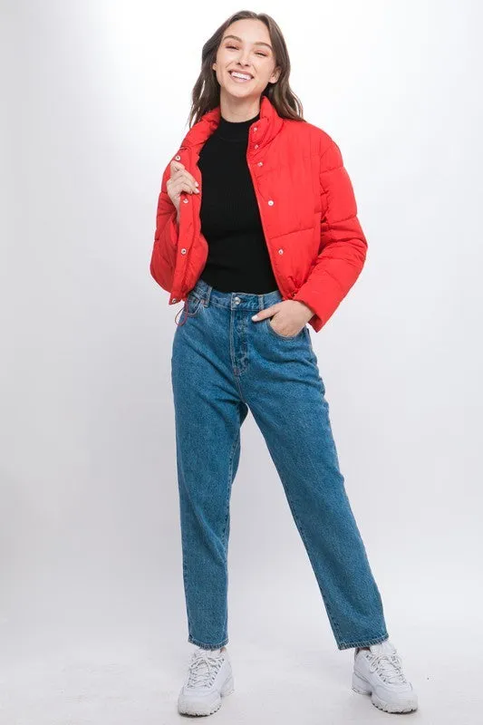 Red Puffer Jacket with Zipper and Snap Closure