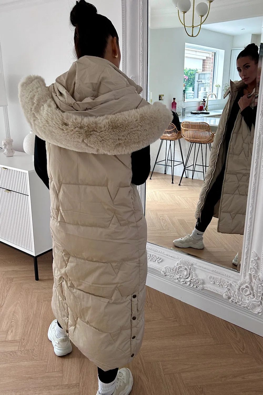 Ruby Beige Padded Faux Fur Hooded Gilet