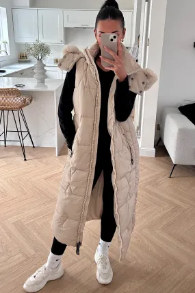 Ruby Beige Padded Faux Fur Hooded Gilet