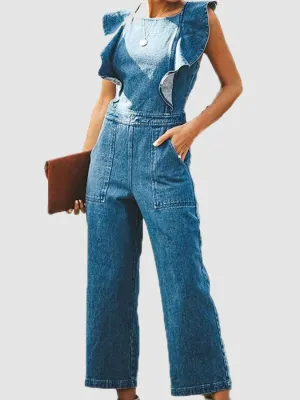 Ruffled Backless Sleeveless Denim Jumpsuit