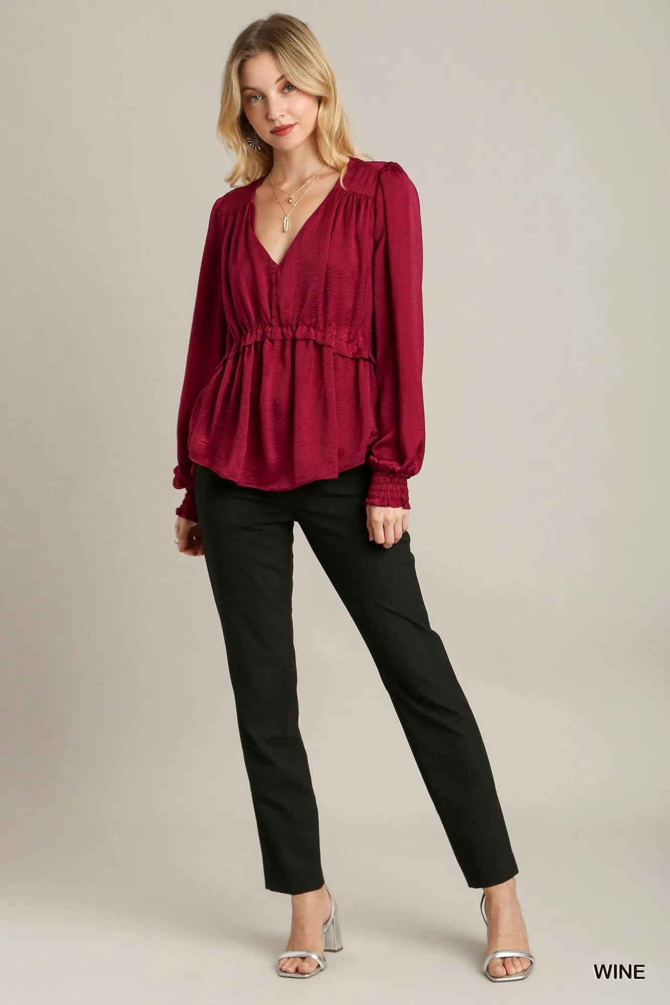 Satin V-neck Ruffle Baby Doll Top With Cuffed Long Sleeve - 3 colors