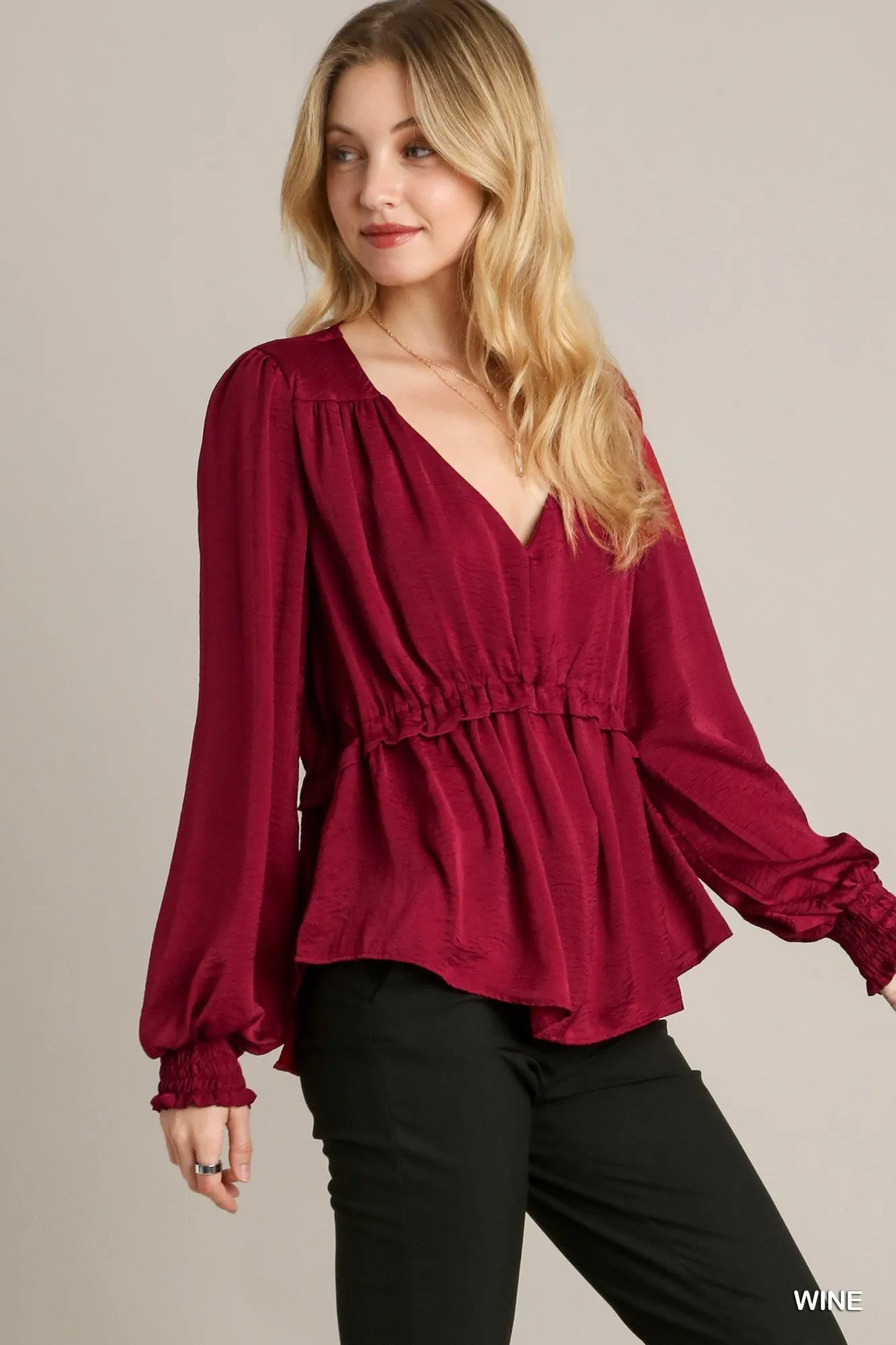 Satin V-neck Ruffle Baby Doll Top With Cuffed Long Sleeve - 3 colors