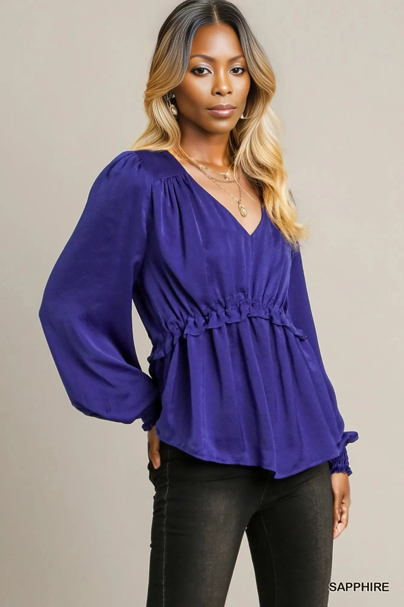 Satin V-neck Ruffle Baby Doll Top With Cuffed Long Sleeve - 3 colors