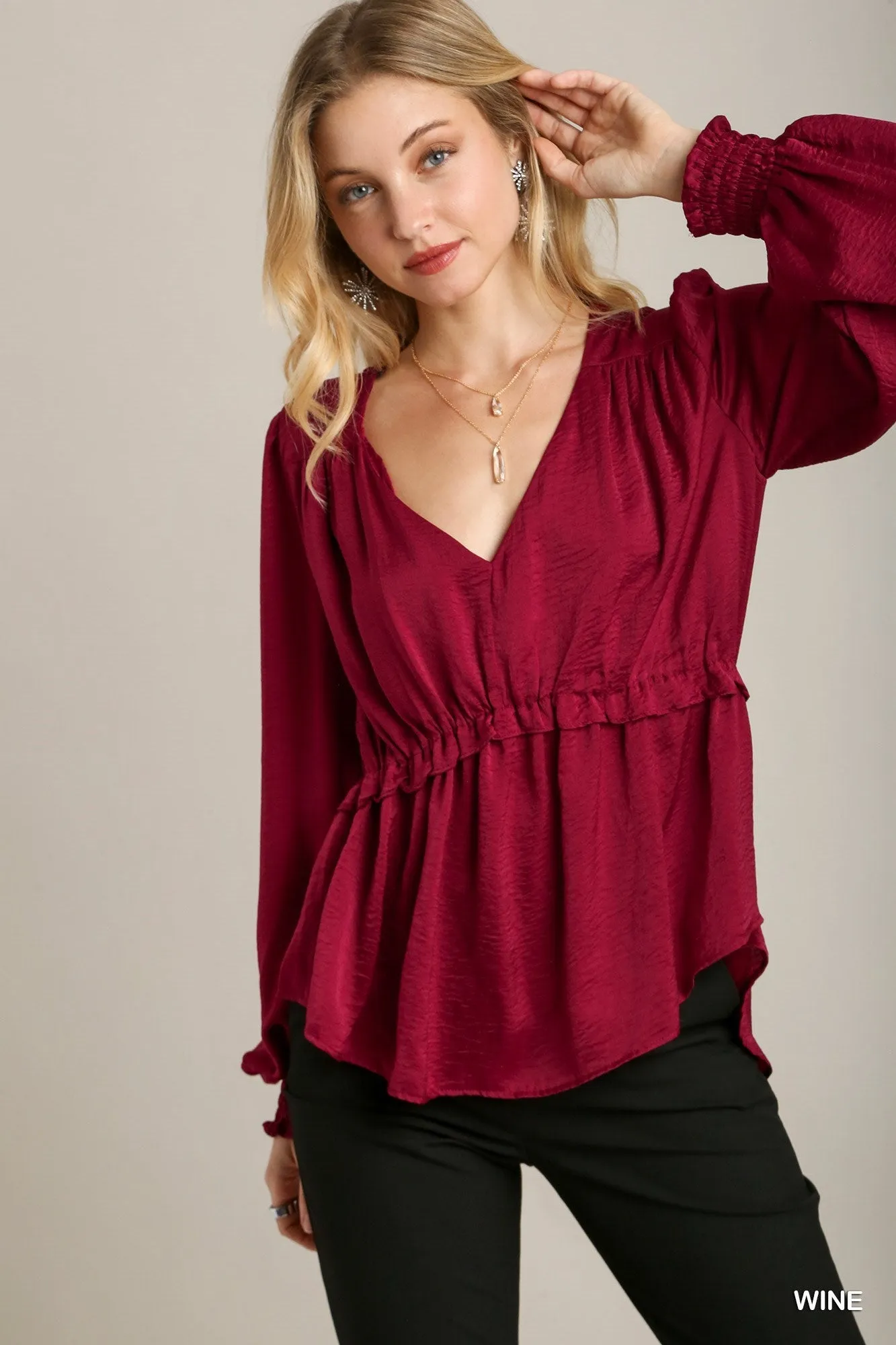 Satin V-neck Ruffle Baby Doll Top With Cuffed Long Sleeve - 3 colors