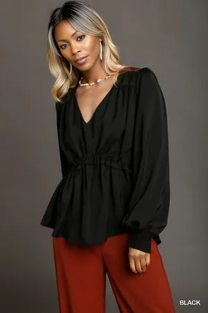 Satin V-neck Ruffle Baby Doll Top With Cuffed Long Sleeve - 3 colors