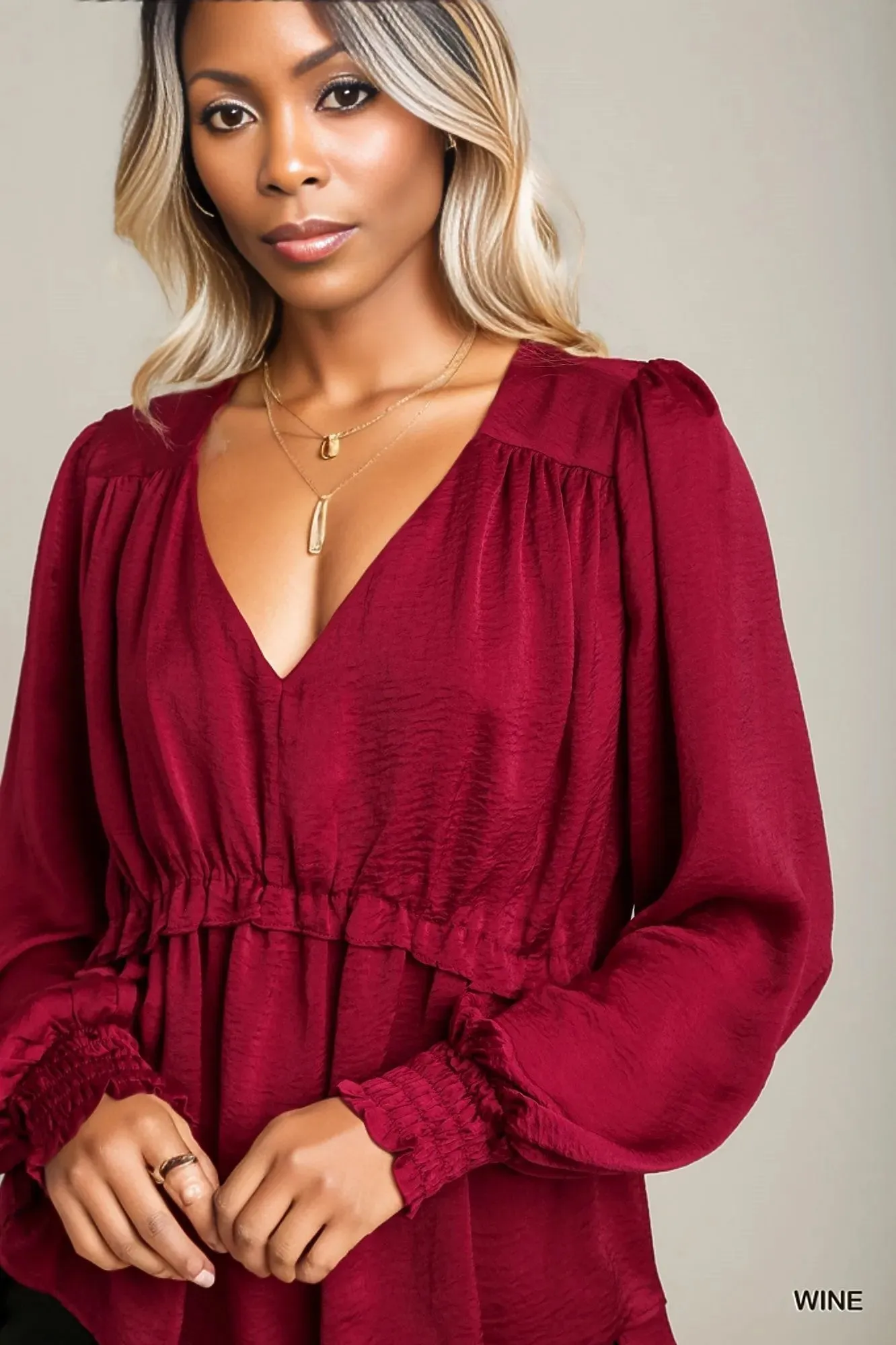 Satin V-neck Ruffle Baby Doll Top With Cuffed Long Sleeve - 3 colors