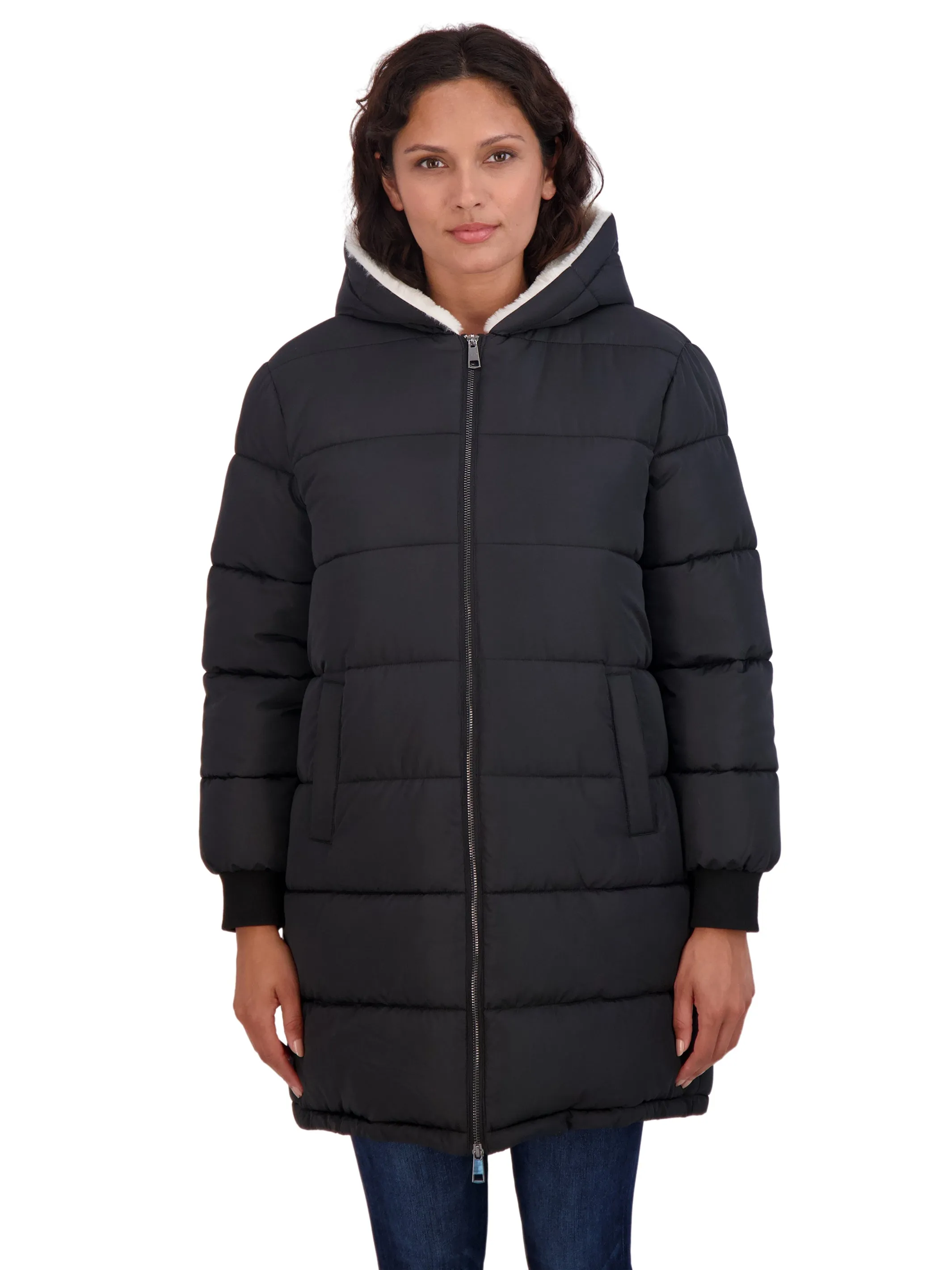 Sebby Collection Women's Long Faux Fur Lined Puffer Jacket with Hood