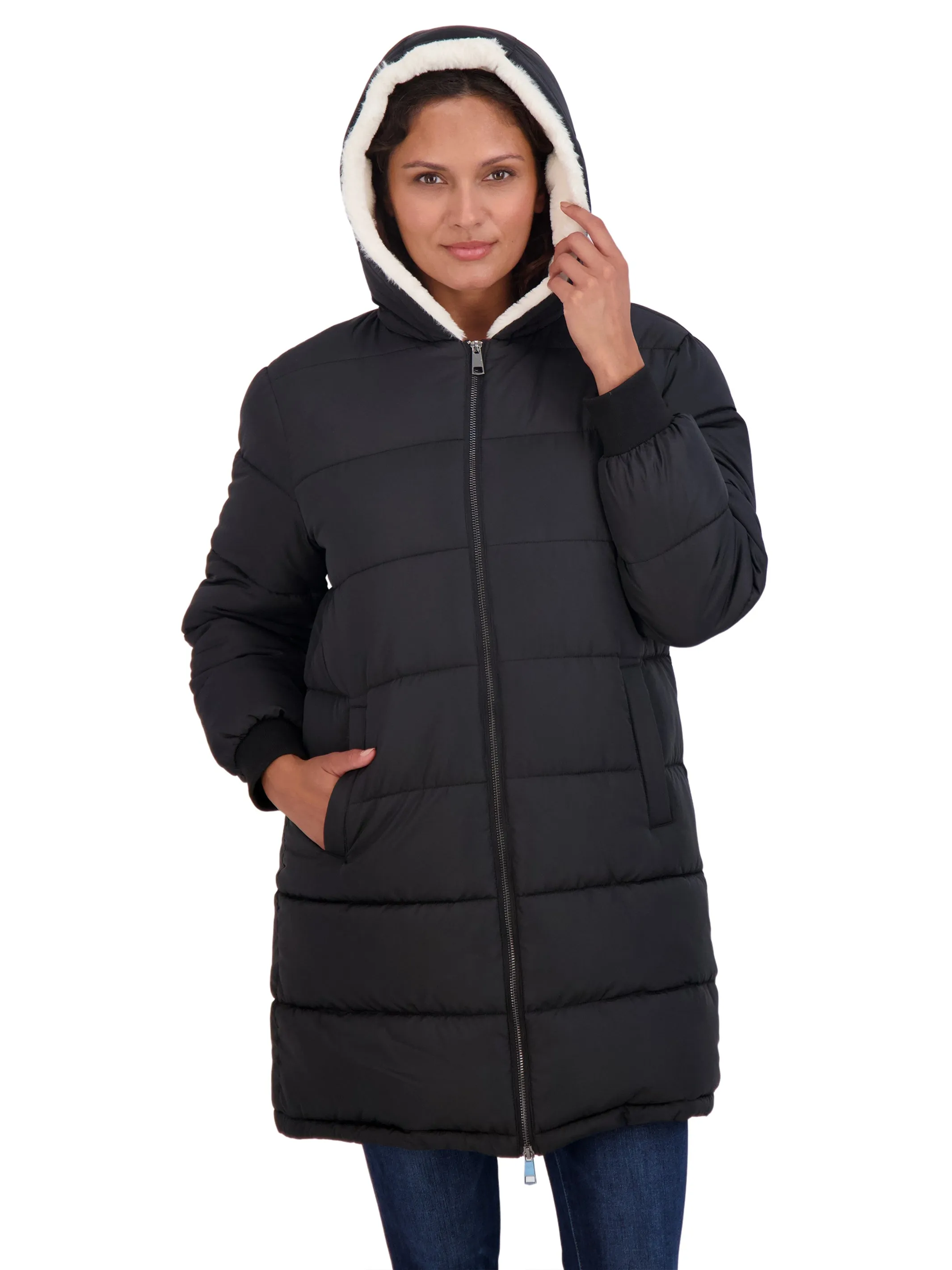 Sebby Collection Women's Long Faux Fur Lined Puffer Jacket with Hood