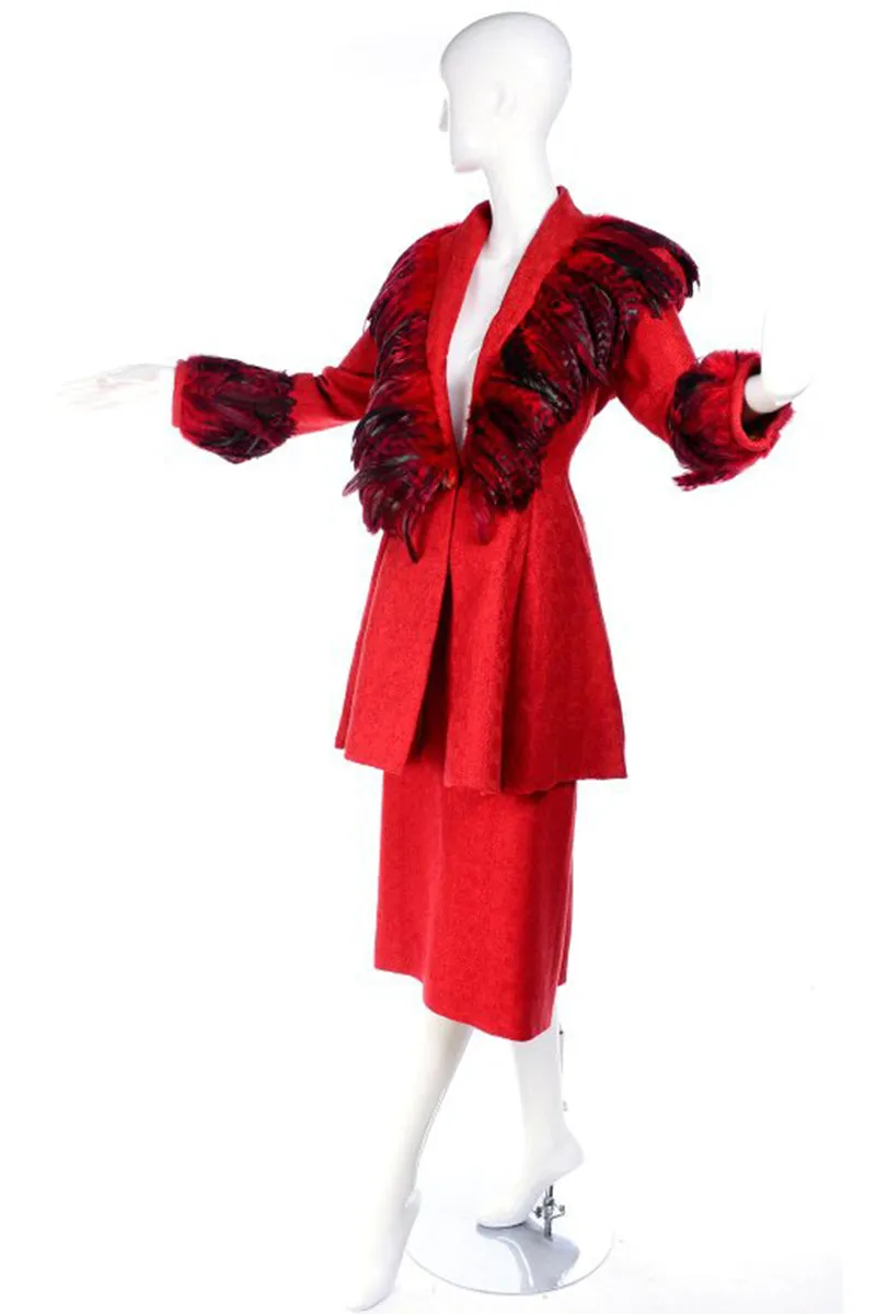 Simon Copeland Bespoke Red Suit w/ Long Skirt & Red Feather Jacket 8