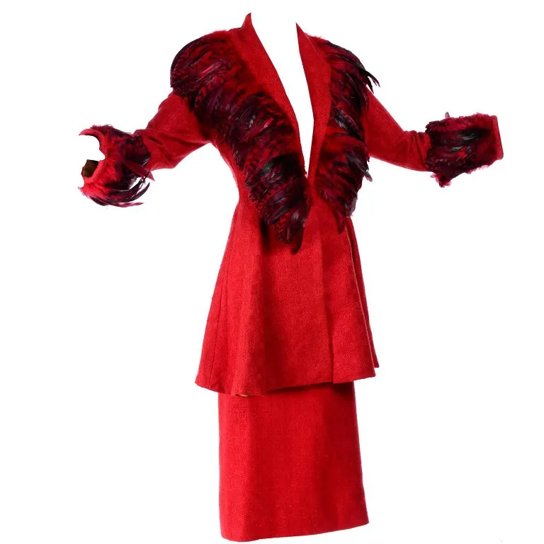 Simon Copeland Bespoke Red Suit w/ Long Skirt & Red Feather Jacket 8