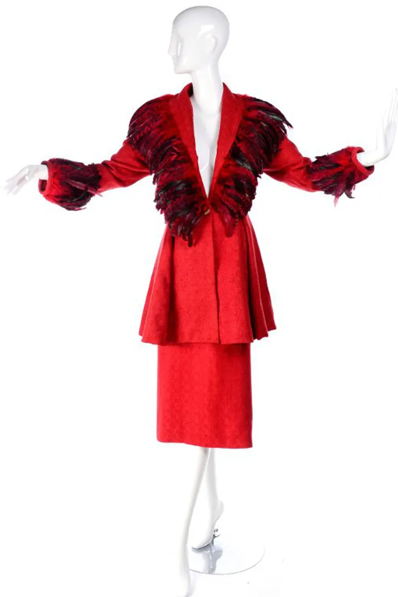 Simon Copeland Bespoke Red Suit w/ Long Skirt & Red Feather Jacket 8