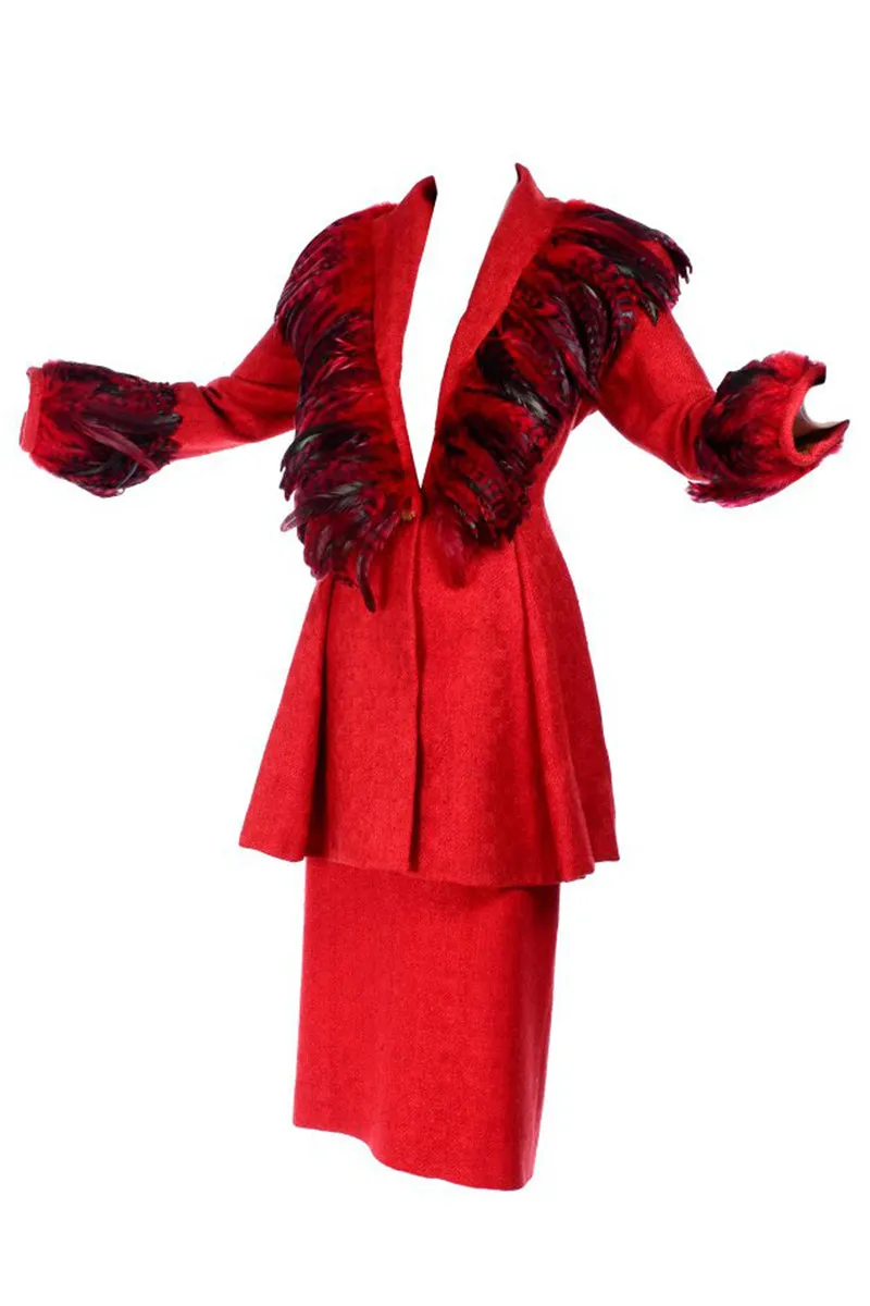 Simon Copeland Bespoke Red Suit w/ Long Skirt & Red Feather Jacket 8