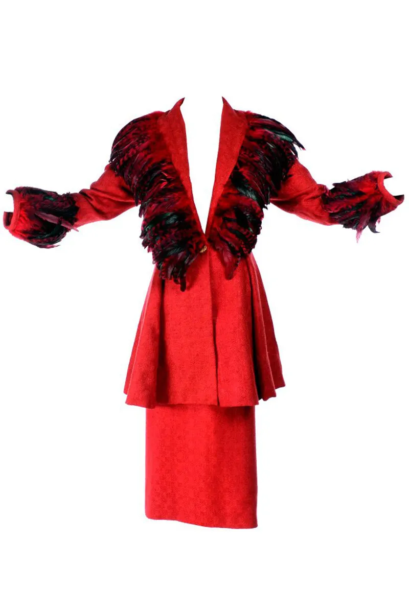 Simon Copeland Bespoke Red Suit w/ Long Skirt & Red Feather Jacket 8