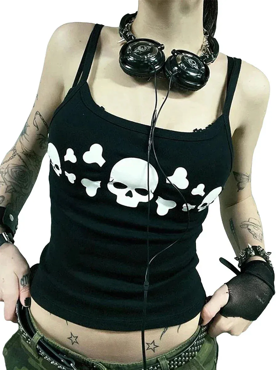 Skull Print Backless Low Cut Grunge Sleeveless Slim Fit Crop Vintage Top