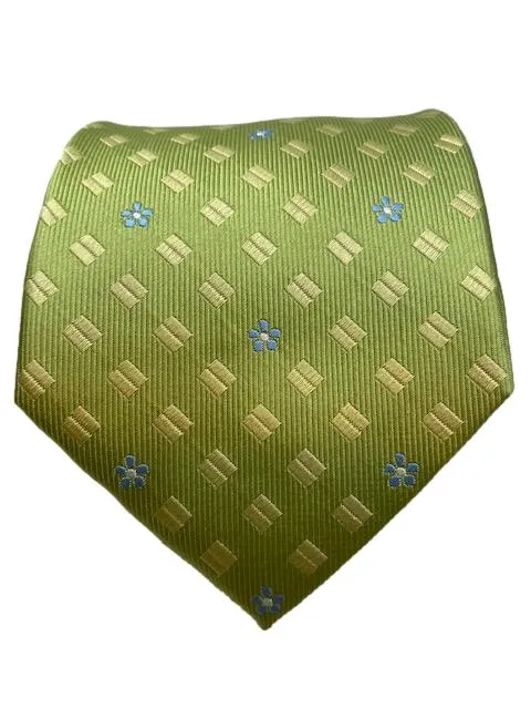 Soft Lime Green Necktie with Mini Blue Flowers