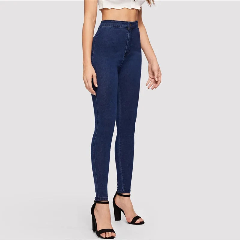 Solid Skinny Spring Autumn Skinny Stretchy Blue Navy High Waist Denim Jeans