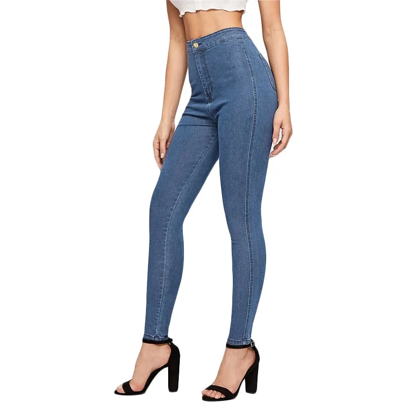 Solid Skinny Spring Autumn Skinny Stretchy Blue Navy High Waist Denim Jeans