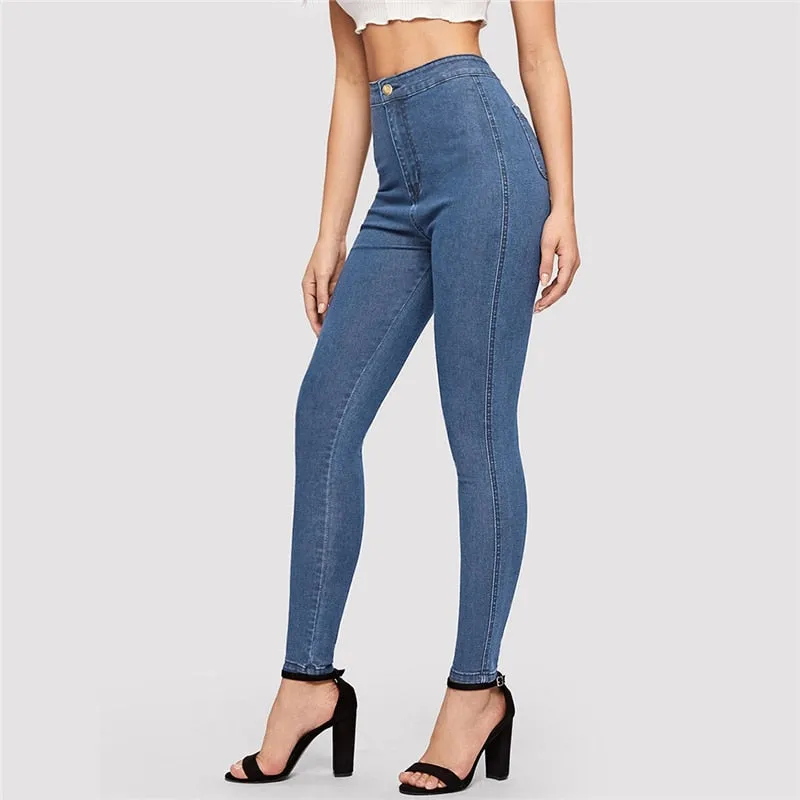 Solid Skinny Spring Autumn Skinny Stretchy Blue Navy High Waist Denim Jeans