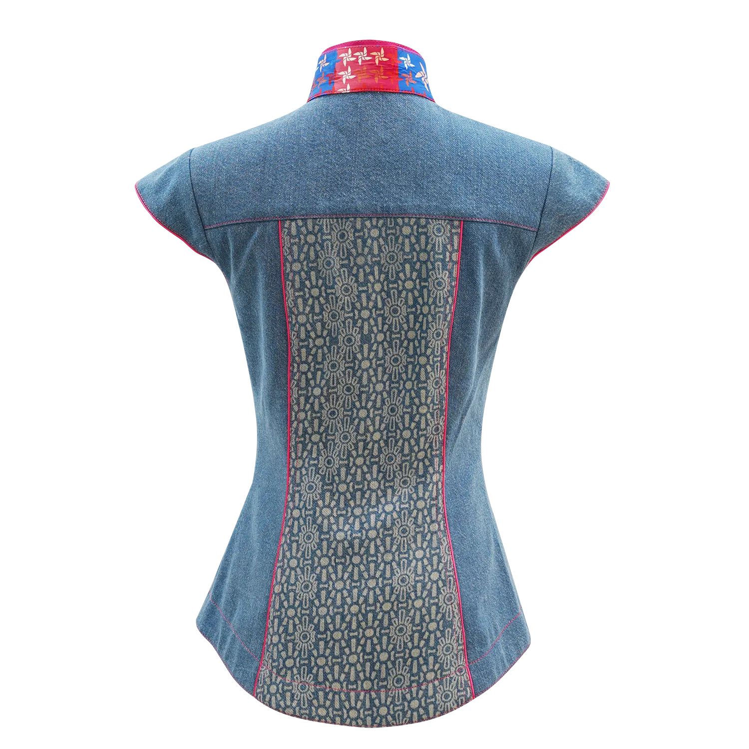 SPARKLE BY KAREN CHAN x  HK Heritage Museum【FRUITFUL HARMONY】Eco-Denim Cheongsam Qipao Shirt (Cap Sleeve) (幸運風車)  (風調雨順)