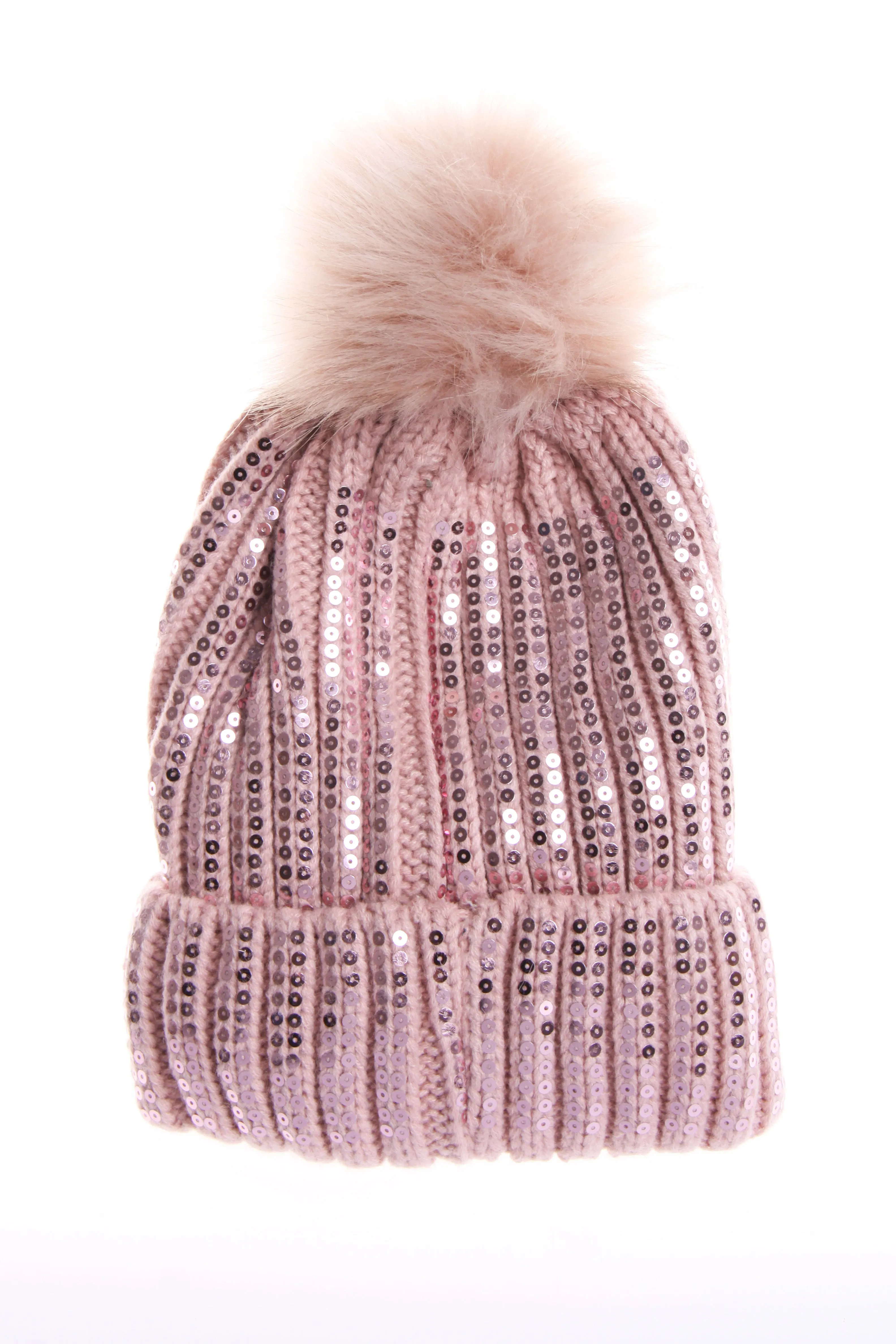 Sparkly Sequins FAUX Fur Bobble Pom Pom Beanie Hat