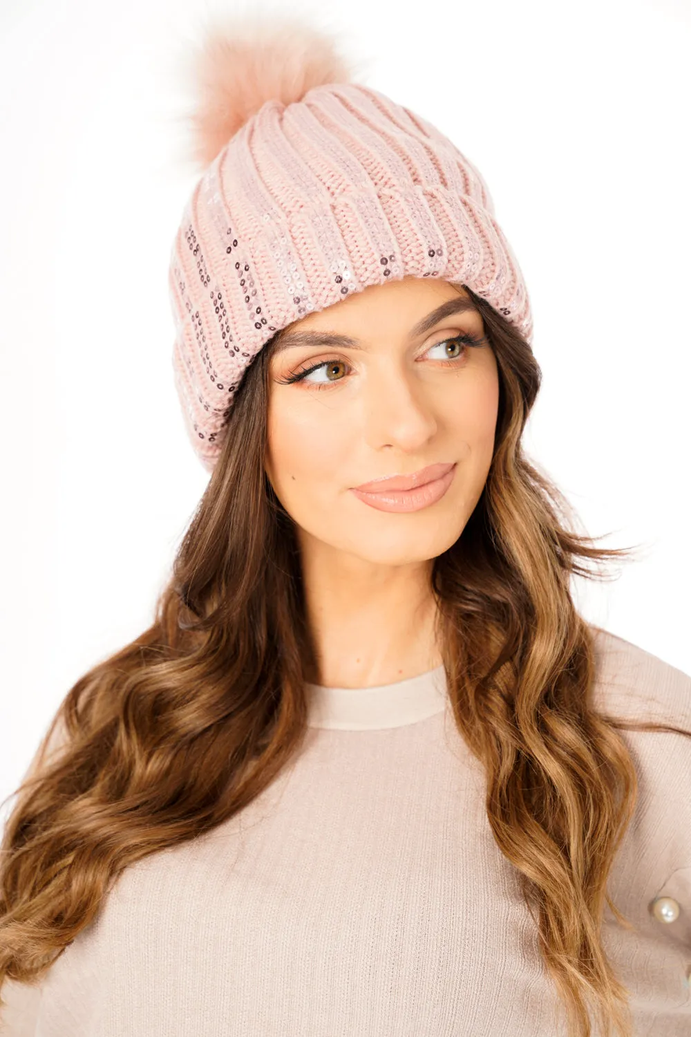 Sparkly Sequins FAUX Fur Bobble Pom Pom Beanie Hat