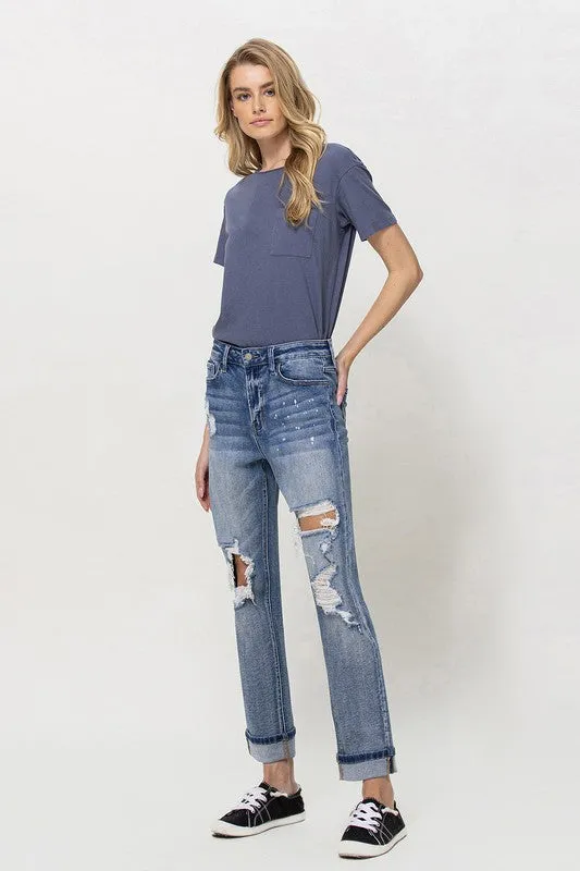 STRETCH BOYFRIEND JEANS W PAINT SPATTER DETAIL AND