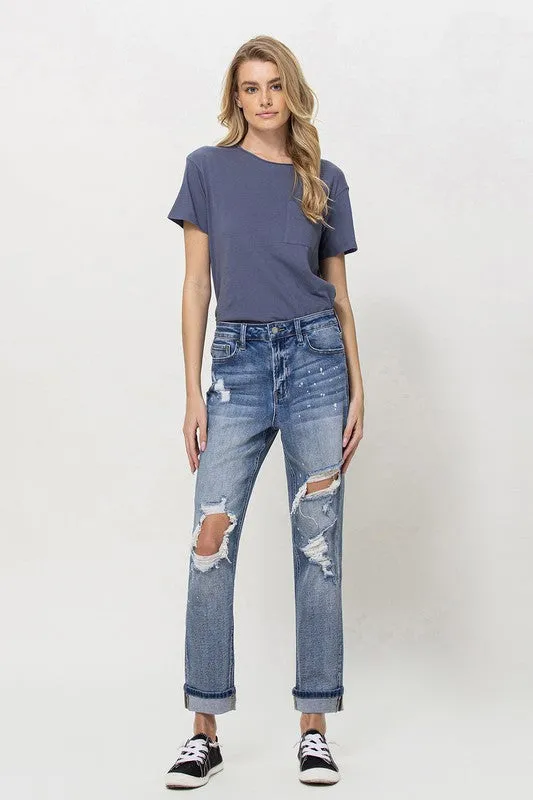 STRETCH BOYFRIEND JEANS W PAINT SPATTER DETAIL AND