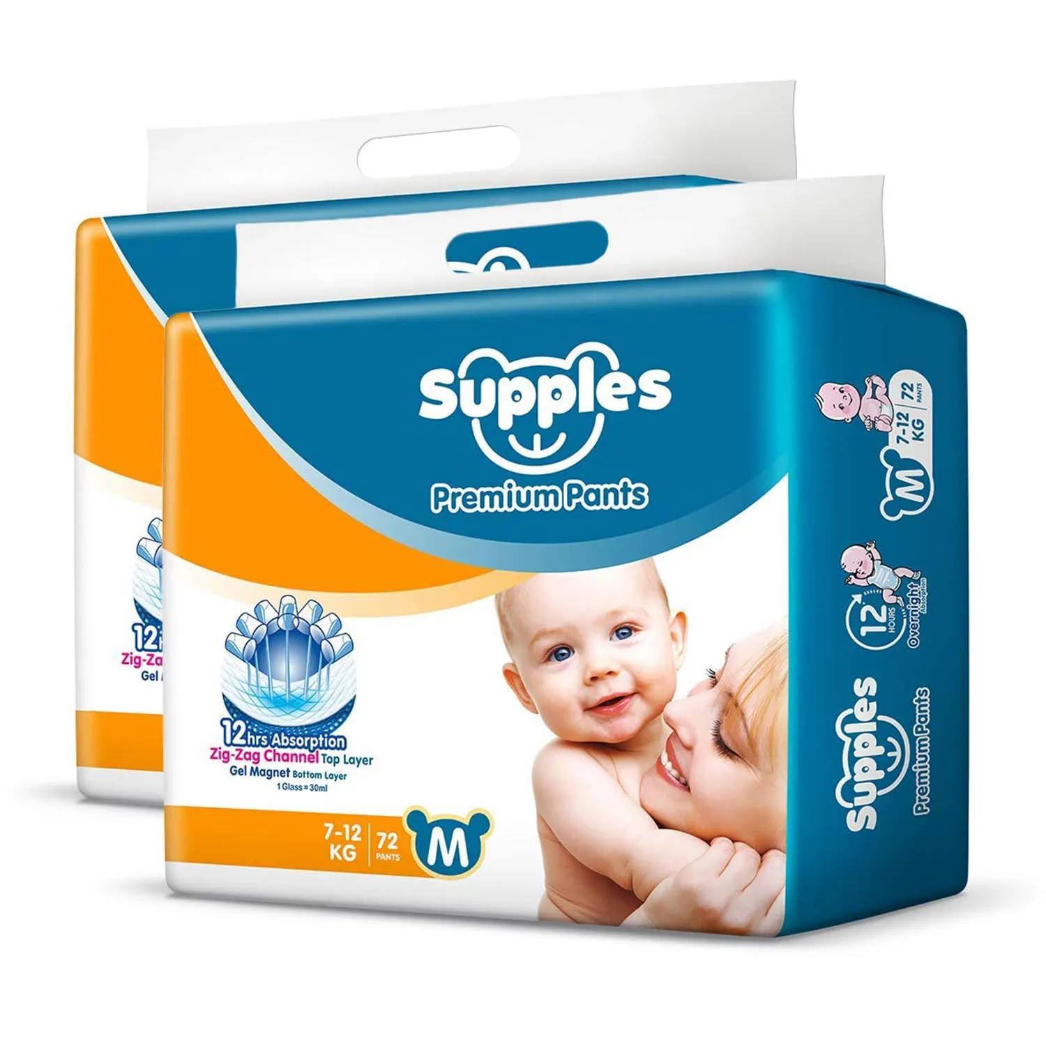 Supples Premium Diapers, Medium (M), 144 Count, 7-12 Kg, 12 hrs Absorption Baby Diaper Pants