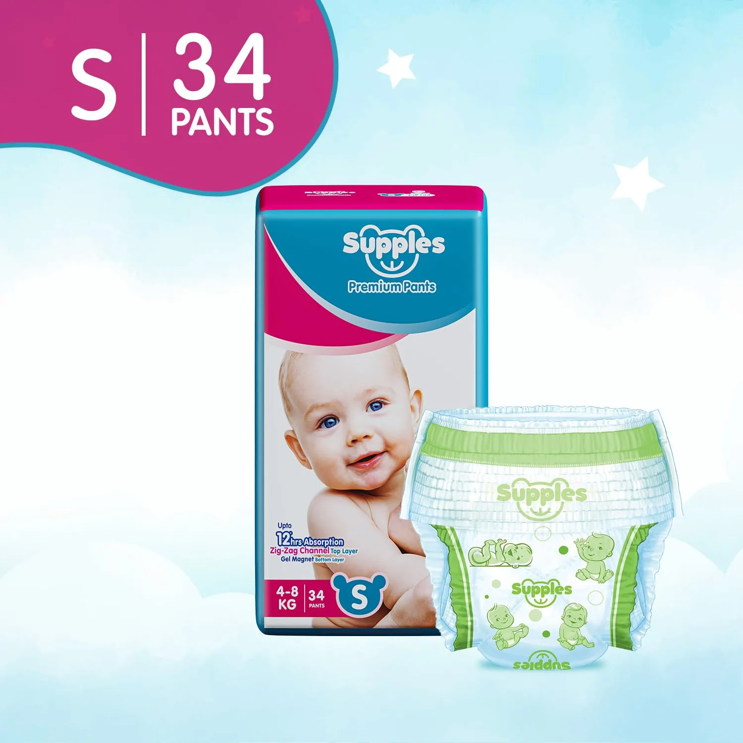 Supples Premium Diapers, Small (S), 34 Count, 4-8 Kg, 12 hrs Absorption Baby Diaper Pants