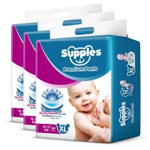 Supples Premium Diapers, X-Large (XL), 162 Count, 12-17 Kg, 12 hrs Absorption Baby Diaper Pants