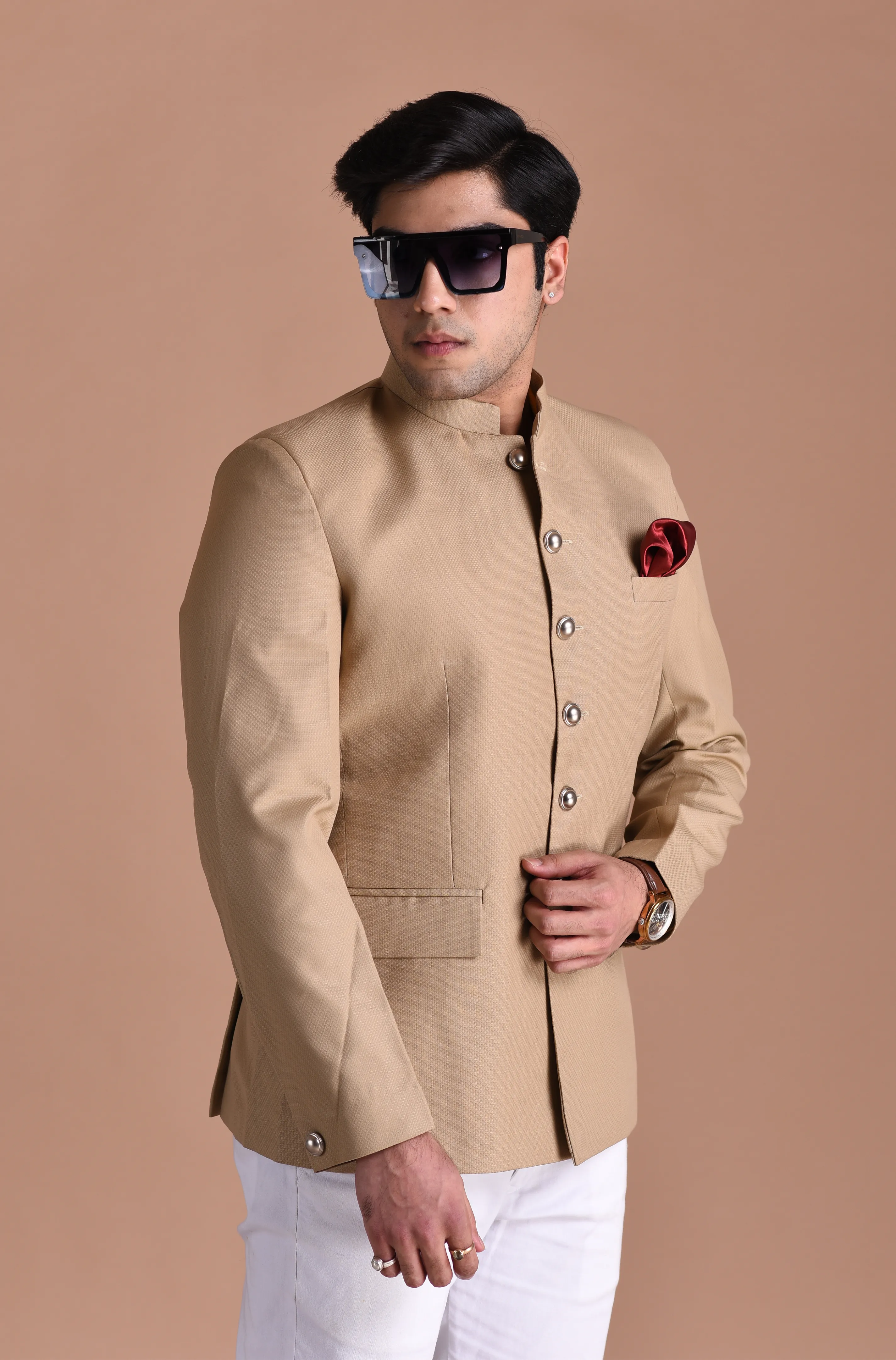 Tan Brown Bandhgala Jodhpuri Blazer With White Trouser