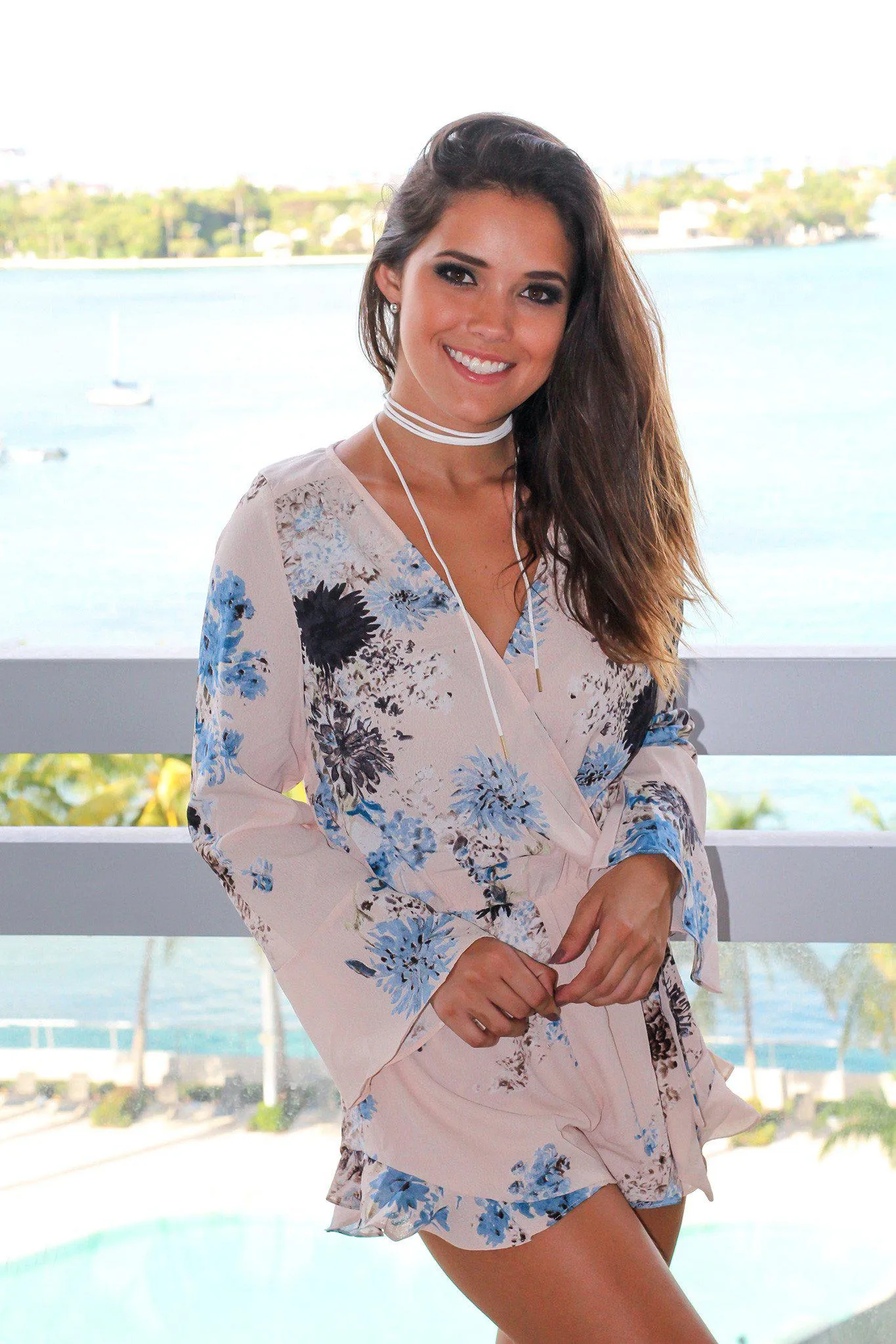 Taupe and Blue Floral Romper