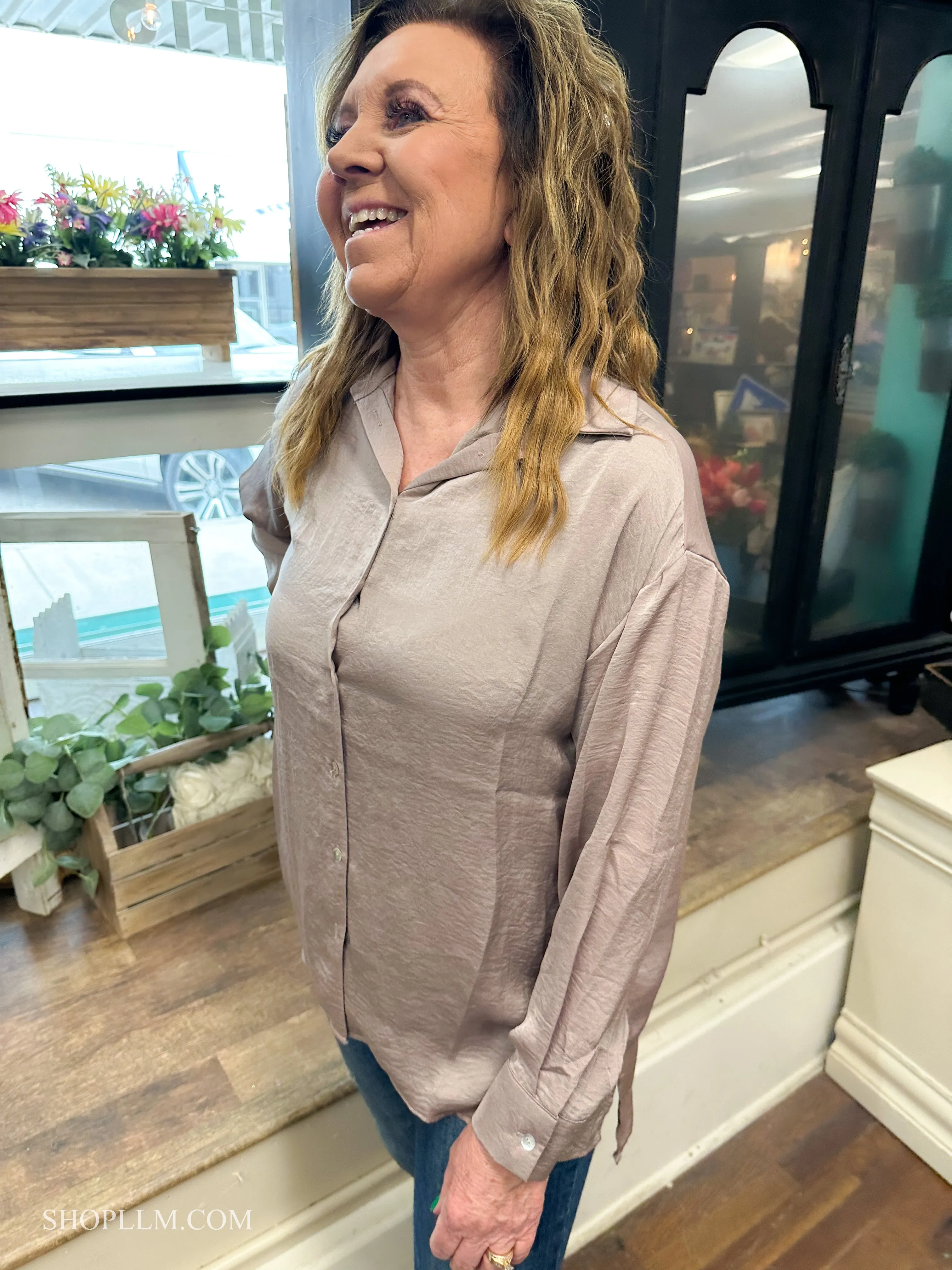 Taupe Satin Button Down Shirt