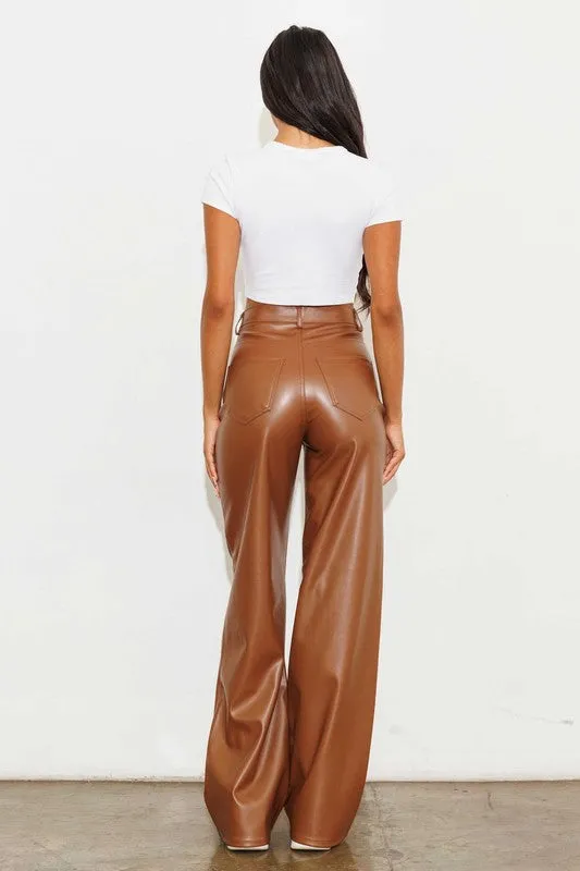 TEEK - Cognac Vegan Leather Wide Leg Pants