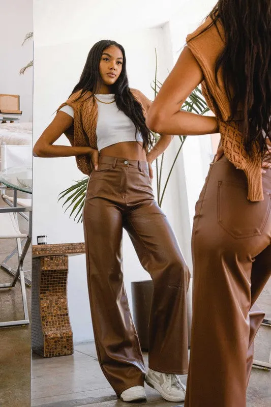 TEEK - Cognac Vegan Leather Wide Leg Pants